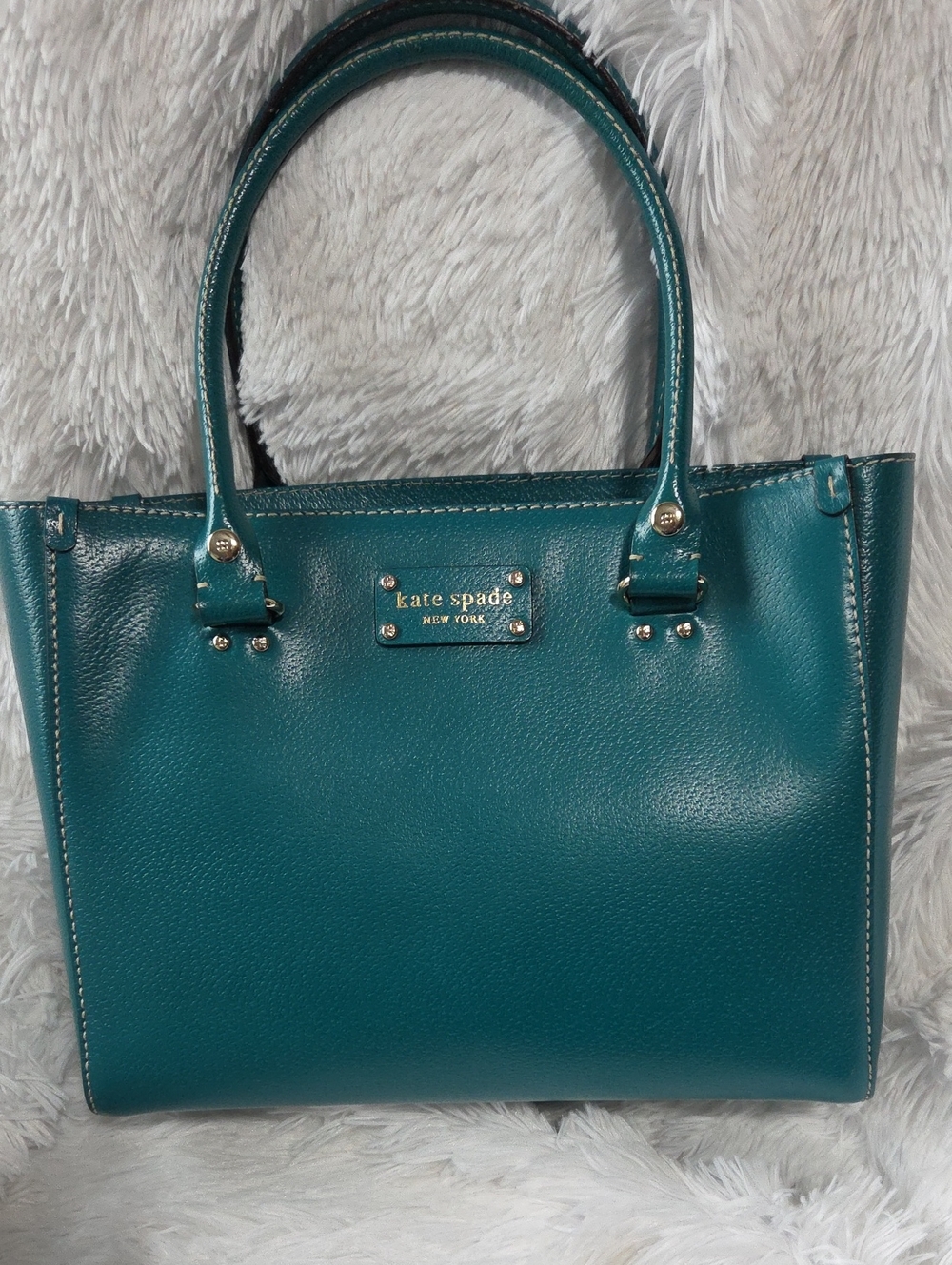 kate spade teal pebbled leather tote with gold logo plate